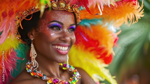 A smiling woman wearing a blue and gold feathered headdress, participant of the Brazilian carnival