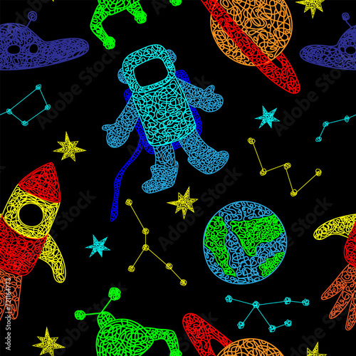 Seamless pattern with hand drawn stars, flying sauer, planet, mars rover, rocket, earth planet,constellations on black background in childrens naive style.