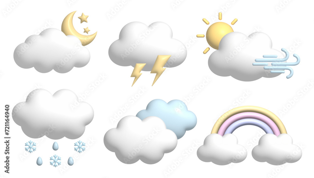 3d forecast weather set icon isolated. Sun, moon, lightning, thunderstorm, cloud, rainbow, snow in cartoon style. 3d forecast weather set icon isolated. Sun, moon, lightning, thunderstorm, cloud, rainbow, snow in cartoon style.