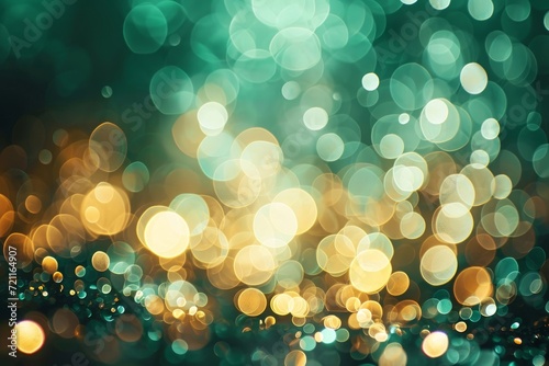 Abstract blur bokeh background. Gold, green, white bokeh on defocused emerald green background, Generative AI