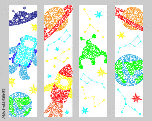 Set bookmarks with hand drawn stars, flying sauer, planet, mars rover, rocket, earth planet, constellations on white background in childrens naive style.
