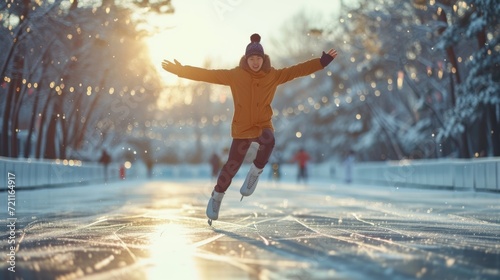 A person ice skating with open arms enjoying winter outdoors at sunset.