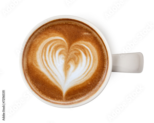 Top view of coffee latte art cup with froth heart shaped isolated on white background