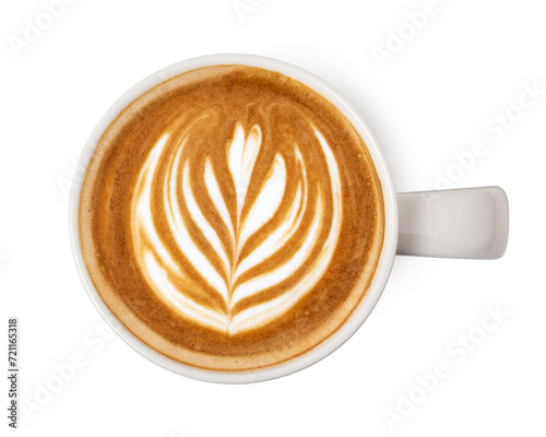 Top view of coffee latte art cup with froth tulip shaped isolated on white background
