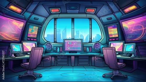 cartoon futuristic aircraft room with computers, scientific data on screens,