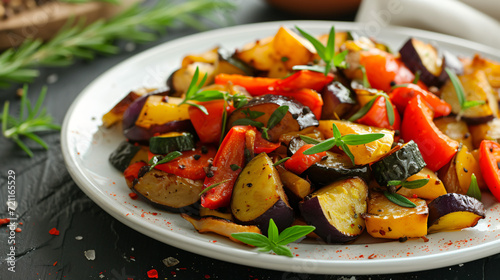 Fried vegetables with herbs for food preparation