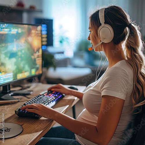 Young pregnant woman playing computer games photo
