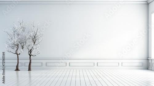 White vase with blooming branches on white floor against blue wall