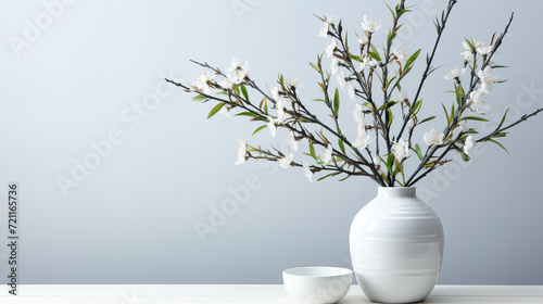 White vase with blooming branches on white floor against blue wall