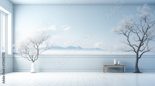 White vase with blooming branches on white floor against blue wall