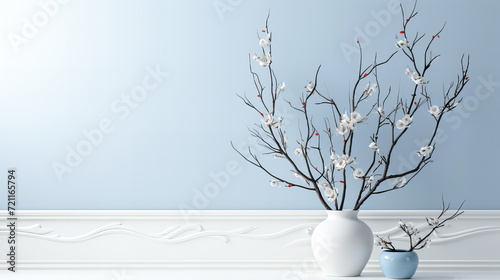 White vase with blooming branches on white floor against blue wall