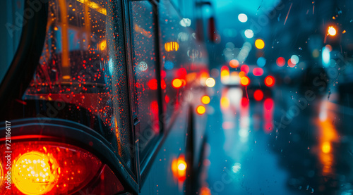 bus on the rainy city street, night