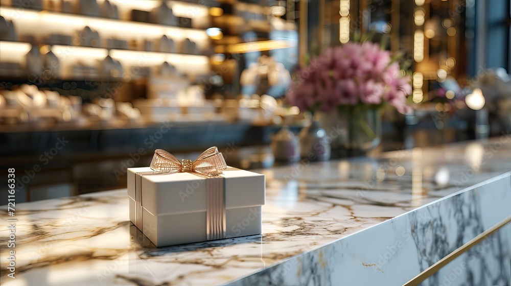 A gift box with a bow on a marble countertop in a luxurious boutique with blurred background.