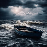 An empty boat in a stormy sea.