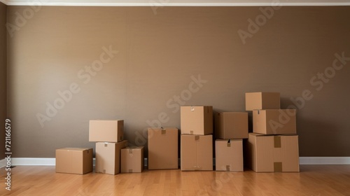 Piled cardboard moving boxes in a spacious empty room with hardwood floors. photo