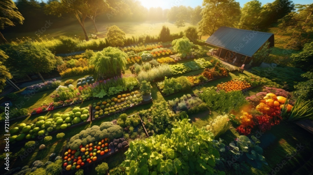 An aerial view of a garden with flowers and vegetables. Generative AI.