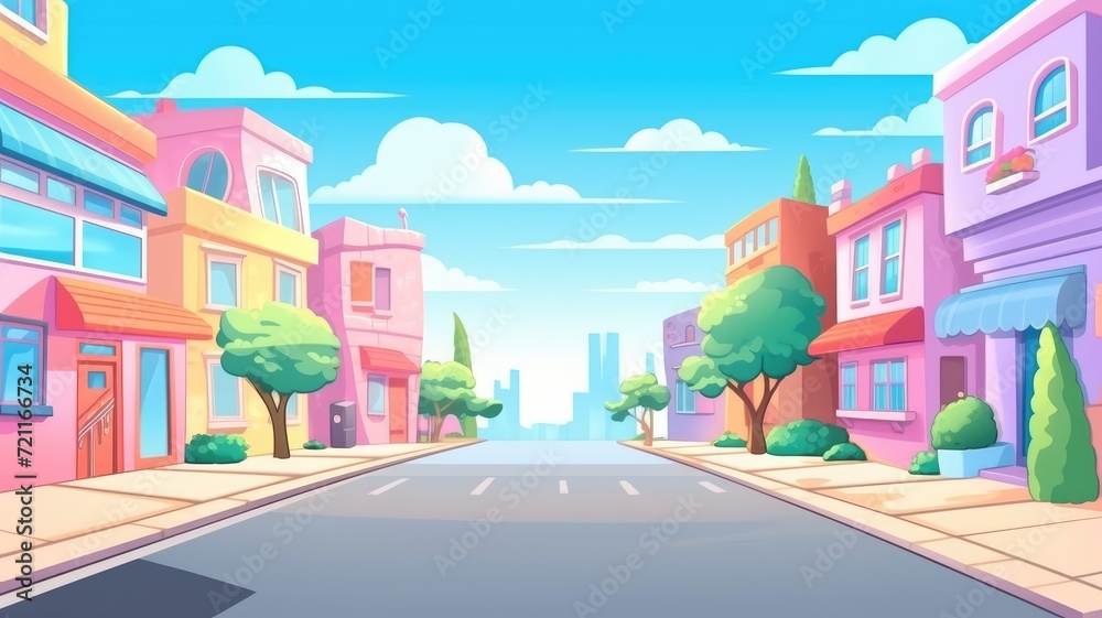 A colorful, cartoon cityscape on a sunny day.