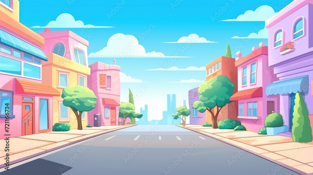 Obraz premium A colorful, cartoon cityscape on a sunny day.
