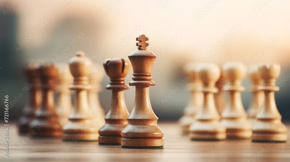 A single king chess piece stands alone on a wooden chessboard at dawn. A single king chess piece stands alone on a wooden chessboard at dawn.