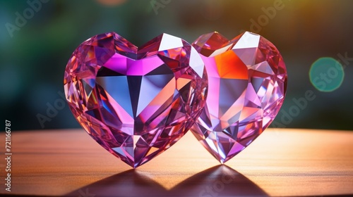 Two purple crystal hearts reflecting light on a wooden table with a blurred background.