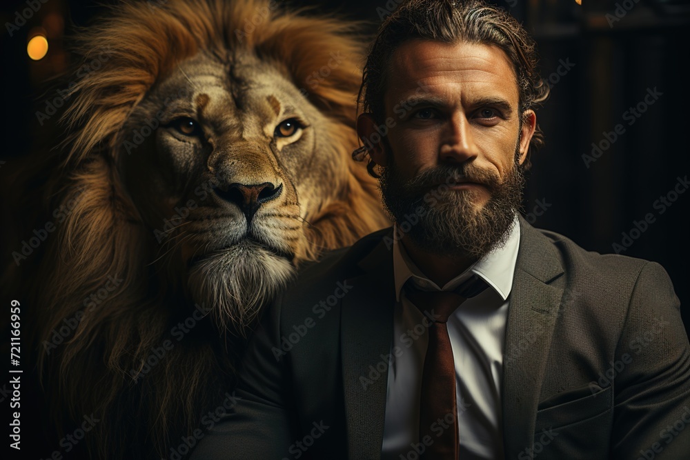 Unshakeable Confidence: A Confident Businessman Meets the Gaze of a Lion, Showing Resilience and Poise in the Face of Adversity