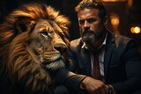 Brave Encounter: A Confident Businessman Faces a Lion, Embodying Fearless Leadership and Unshakable Resolve