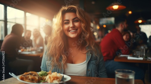 A radiant young woman with curly hair smiles while enjoying a meal in a bustling restaurant atmosphere.