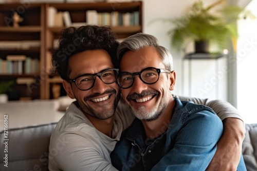 Smiling homosexual couple hugging and looking at camera in living room, Generative AI
