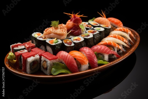 A sushi boat with an assortment of rolls.