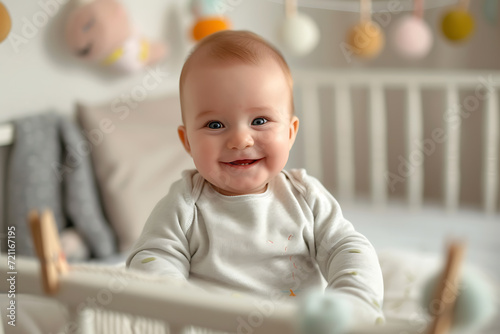 Caucasian baby smiling in  crib