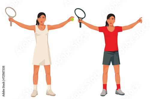 Two girl figures of an Indonesian women's tennis winner player in a white and red uniform standing straight with her arms raised with a racket and a ball © ivnas