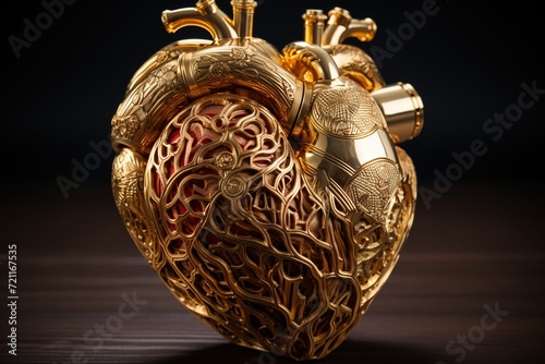 Golden Pulse: A Gleaming Human Heart Sculpture Formed from the Purest Gold, Embodying the Vitality and Beauty of Life's Rhythms