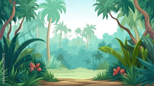 cartoon illustration tropical jungle with various types of lush  green foliage and pink flowers.