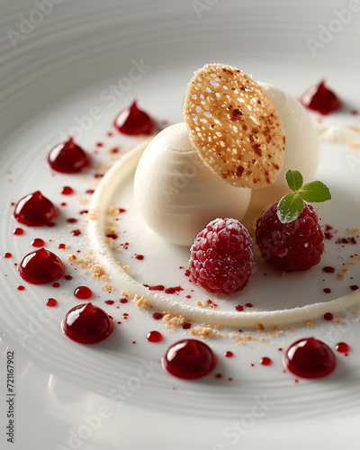 dessert dish with red fruits in a fine dining restaurant