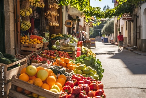 Street outdoors market of natural products. Small local farmer shop of fruits, vegetables in street of Spanish city in sunny day. Detail of Spain, Generative AI photo