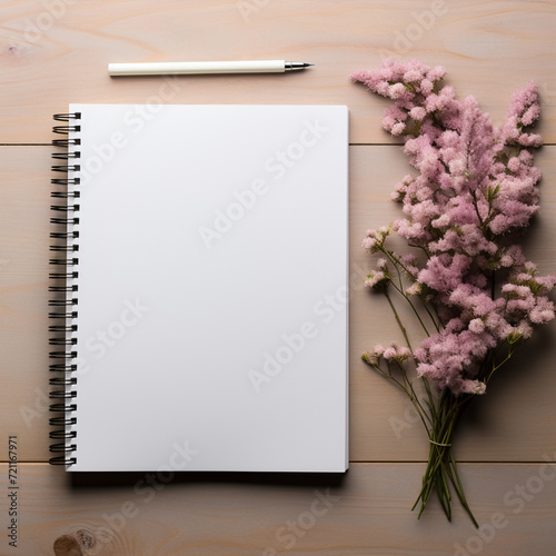 Notebook with pen and flowers on wooden background, top view.