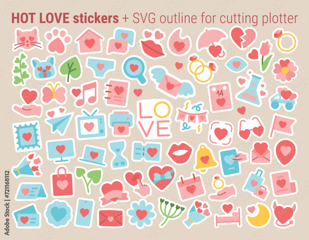 Hot love sticker pack for Valentines Day with contour for cutting plotter