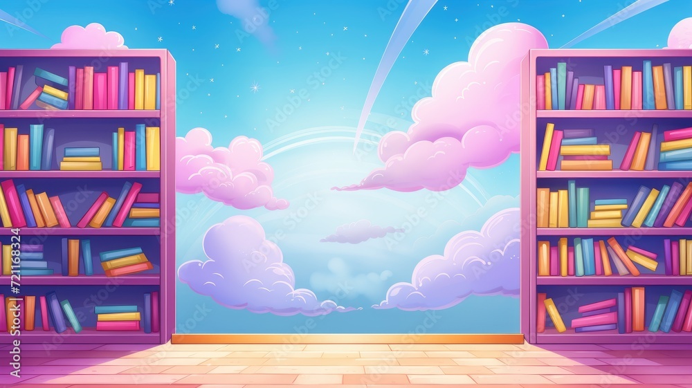 cartoon illustration library with bookshelves flanking an open window revealing a dreamy cloudscape.