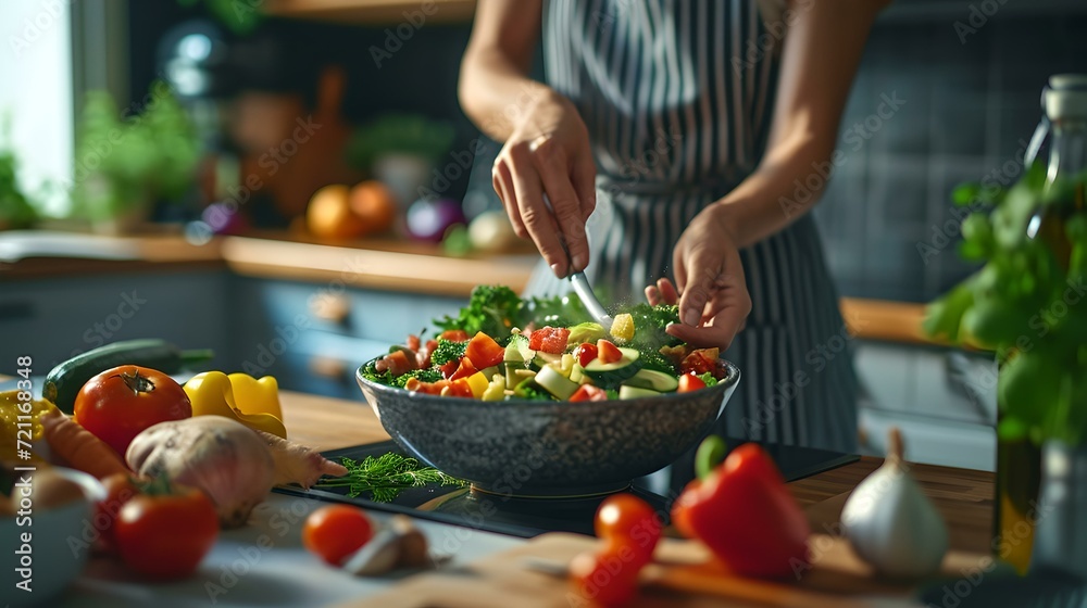 Healthy eating lifestyle concept, person preparing fresh salad in a sunlit kitchen. AI