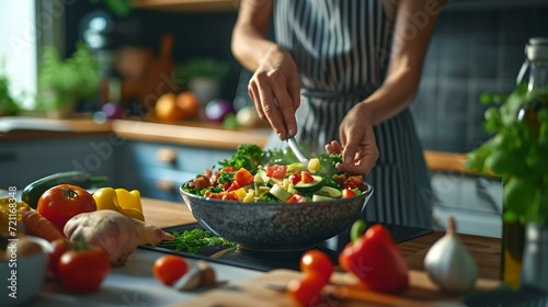 Healthy eating lifestyle concept, person preparing fresh salad in a sunlit kitchen. AI