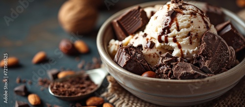 Ice Cream and Nuts  Indulgent Chocolate Delight with Selective Focus  Ice Cream  Nuts  and Chocolate in an Irresistible display of Selective Focus