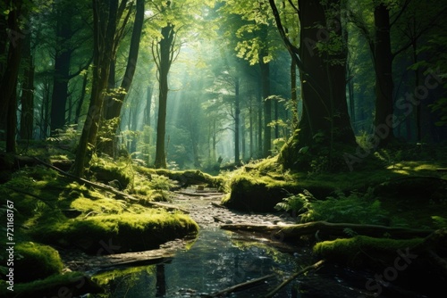Springtime sunlight in a green forest.