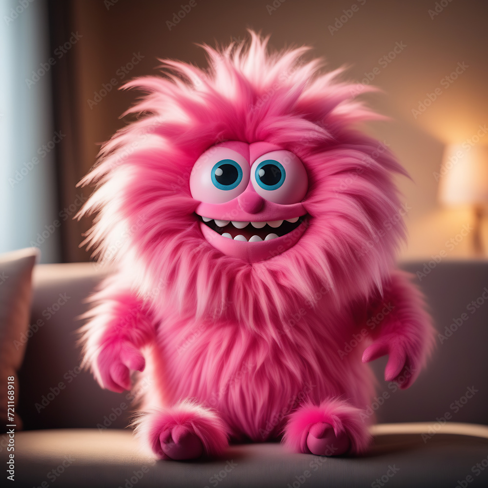 Fluffy pink monster sitting on the sofa