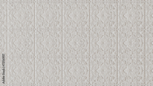 Elegant Light Ornate Pattern Wallpaper. White 3D Rosette Background.