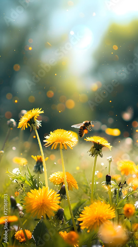 Beautiful colorful summer spring natural flower background. Bees working on a bright sunny day with beautiful bokeh	