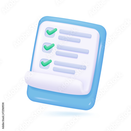 3D clipboard. Questionnaire. Summary of activities. Check mark on check box Validation. 3D vector Illustration.