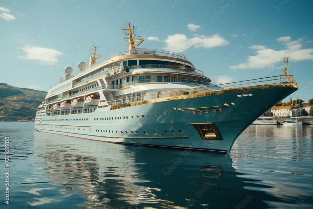 Yacht Horizons: A Cruise Ship Yacht Sets Sail on a Touristic Expedition, Offering Passengers an Unforgettable Journey Amidst the Expansive Beauty of the Ocean