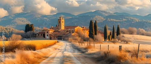 Fotografia Idyllic countryside road leading to a stone bell tower