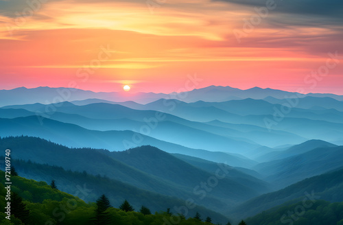sunset over misty mountains