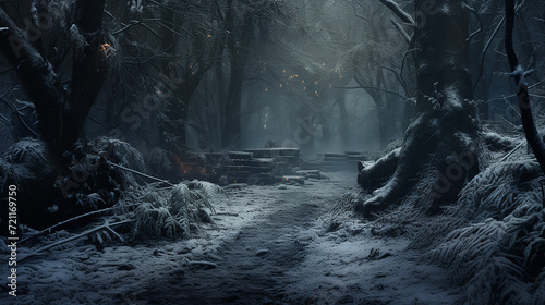 Blurred Forest Path in Winter, with Softly Falling Snowflakes Creating a Tranquil Atmosphere